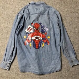 Spiderman Graphic Western‎ Pearl Snap Denim Shirt Mens M Blue Distressed